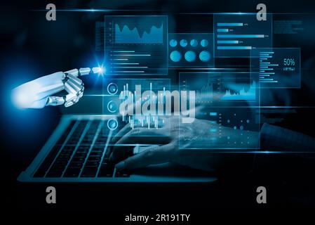 KI-Forschung zur Entwicklung von Robotern und Cyborg Business Intelligence Dashboard Big-Data-Diagramme virtueller Bildschirm. Wirtschaftliche an Stockfoto