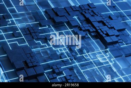 Leiterplattenstruktur des Technologiewürfels, 3D-Rendering. Digitale Zeichnung. Stockfoto