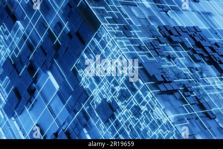 Leiterplattenstruktur des Technologiewürfels, 3D-Rendering. Digitale Zeichnung. Stockfoto
