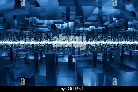 Digitale Würfel mit Hintergrund aus dem Cyberspace, 3D-Rendering. Digitale Zeichnung. Stockfoto