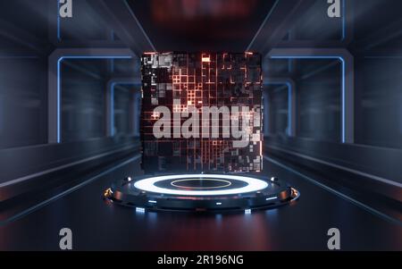 Circuit Cube mit technologischem Hintergrund, 3D-Rendering. Digitale Zeichnung. Stockfoto