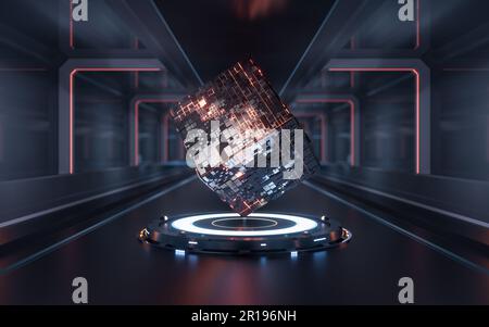 Circuit Cube mit technologischem Hintergrund, 3D-Rendering. Digitale Zeichnung. Stockfoto