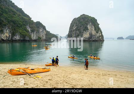 Touristen, die Kajakfahren von einem Strand in Bai TU Long Bay, Halong Bay, Vietnam. Stockfoto