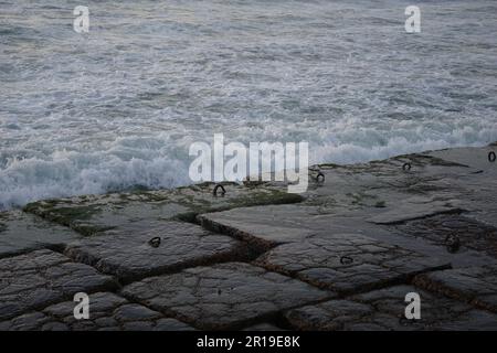 Mediterrane Wellen schlagen auf die Steine in Alexandria, Ägypten Stockfoto