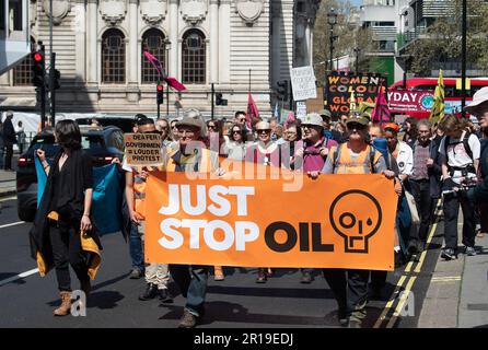 BILDER ABLEGEN. 12. Mai 2023 London, Großbritannien. 13 Just Stop Oil-Aktivisten wurden Berichten zufolge am Donnerstag, den 11. Mai 2023, außerhalb der Downing Street festgenommen. In England und Wales wurde ein neues Gesetz erlassen, das eine Freiheitsstrafe von 12 Monaten für Demonstranten, die Straßen blockieren, und eine sechsmonatige Freiheitsstrafe oder eine unbegrenzte Geldstrafe für alle, die andere Personen, Gegenstände oder Gebäude ansperren, vorsieht. London, Großbritannien. 29. April 2023. Ein Just Stop Oil Protest in London am 29. April 2023 gegen die Inhaftierung von zwei Just Stop Oil Demonstranten Marcus Decker und Morgan Trowland. Kredit: Maureen McLean/Alamy Stockfoto