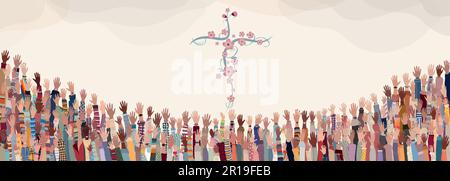 Eine Gruppe von Christen mit erhobenen Händen, die beten oder singen. Christentum in der Welt. Christliche Verehrung. Glaubens- und Hoffnungsbegriff in Jesus Stock Vektor