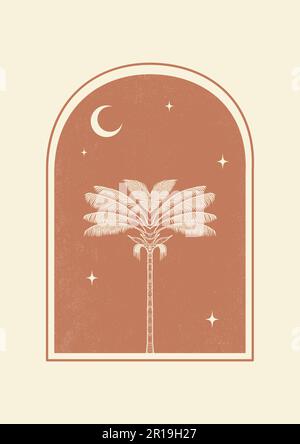 Nachtpalme in Bogen Ästhetik-Illustrationsposter. Minimalistischer beigefarbener Bo-Art-Druck. Stock Vektor