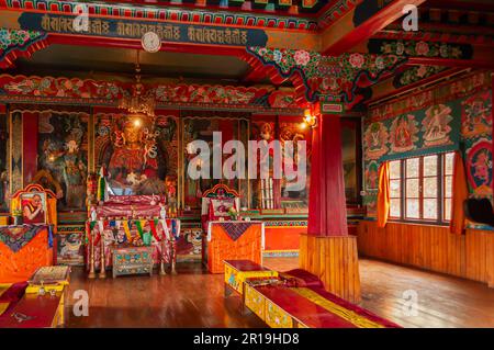 Sikkim, Indien - 22. März 2004 : Glasüberzogene, farbenfrohe buddhistische Götter, Göttinnen, die frühere Geburten Buddhas darstellen, im buddhistischen Andhey-Kloster. Stockfoto