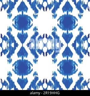 Nahtloses Ikat-Muster. Handgezeichnete, Bemalte Streifen. Blaues Indigo-Textildesign. Tinte Färbt Unendlich Viele Male. Stock Vektor