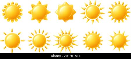 Sun 3D-Symbole. Gelbes Helligkeitssymbol, Sonnenform mit Strahlen, klarer sonniger Tag und heißes Wetter – Vektorensatz Stock Vektor