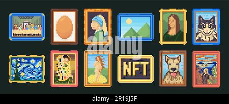 Gerahmte Bilder aus Pixelkunst. Verpixeltes Bild, 8-Bit-Zeichnungsbild und Vektorbildungs-Set für digitale Kunstgalerie Stock Vektor