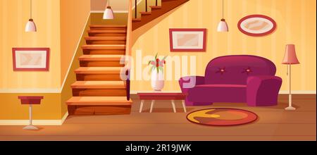 Cartoon-Interieur mit Treppe. Gemütliches Zimmer auf dem Flur, Wohnbereich und zweistöckige Apartments im Hintergrund Stock Vektor