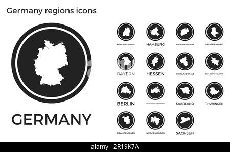 Symbole für Regionen in Deutschland. Schwarze runde Logos mit Karten und Titeln der jeweiligen Region. Vektordarstellung. Stock Vektor