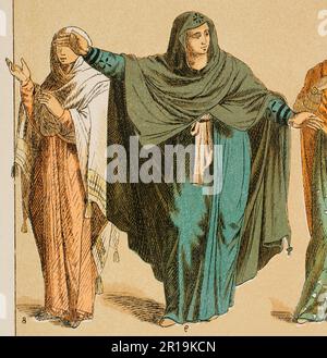 Östliches Römisches Reich. Byzantinische (400-600). Damenkleid mit langer Tunika. Chromolithographie. "Historia Universal" von César Cantú. Band III, 1882. Stockfoto