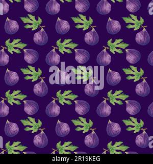 Feigen mit Blättern, nahtloses Muster. Helle tropische Früchte, handgezeichnet als Hintergrund, Tapeten, Textilien, Verpackungen usw. Stockfoto