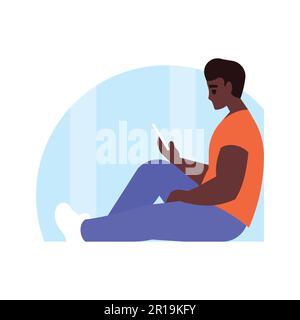 Junger Mann, der auf dem Boden sitzt und ein Tablet benutzt. Abbildung eines flachen Vektors. Stock Vektor