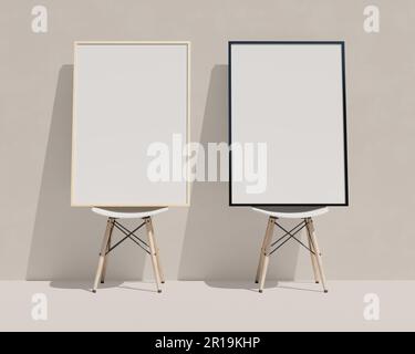 Rahmen im Wohnzimmer weiße realistische Wand auf dem Boden mit Stuhl Stockfoto