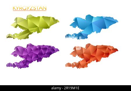 Ein Satz polygonaler Vektorkarten Kirgisistans. Helle Gradientenkarte des Landes im niedrigen Poly-Stil. Mehrfarbige Karte Kirgisistans im geometrischen Stil für Ihre Stock Vektor