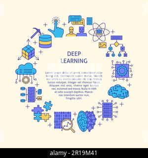 Computer Deep Learning Rundbanner mit Platz für Text. Neuronales Netzwerk, Symbole für maschinelles Lernen in farbigen Linien. Vektordarstellung. Stock Vektor
