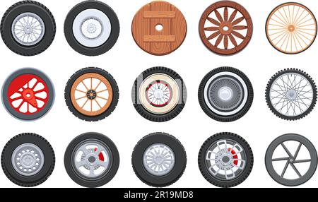 Cartoon-Transportrad. Sportwagen-Reifen, alter Holzwagen, alter Zug- und Fahrradrad-Vektorsatz Stock Vektor