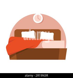 Vektordarstellung eines Bettes mit Kissen und Uhr Stock Vektor
