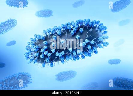 Human Respiratory Syncytial Virus (RSV) Kreatives Layout mit 3D Renderings des Respiratory Syncytial Virus (RSV), ein verbreitetes ansteckendes Virus, das die menschlichen Atemwege infiziert. Kredit: NIAID Stockfoto