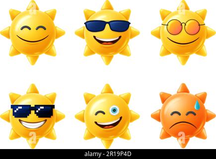 Sun 3D Figur. Fröhliche gelbe Sonne Emoji mit lächelndem Gesicht und Sonnenbrille, heißes Sommerzeit Vektorset Stock Vektor