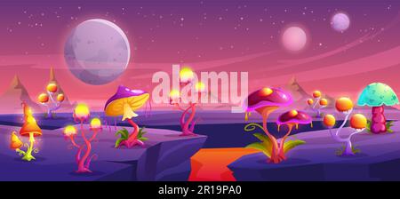 Fantasy-Pilz-Planetenoberfläche. Alien Forest, Magic Space Pilz Welt und Riesenpilze Land Cartoon Vector Panorama Hintergrund Illustration Stock Vektor