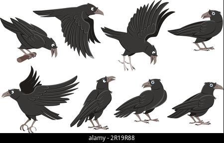 Cartoon-Krähen. Wilde schwarze Vögel, Rabenfigur in verschiedenen Posen und fliegendes Krähenvektor-Set Stock Vektor