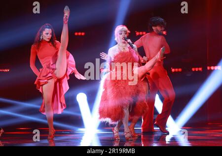 Liverpool, Großbritannien. 12. Mai 2023. Mimicat, Vertreter Portugals, bei der Probe für das große Finale der Eurovision in der M&S Bank Arena Liverpool U Liverpool, England, am 12. Mai 2023. Foto: Sanjin Strukic/PIXSELL Credit: Pixsell/Alamy Live News Stockfoto