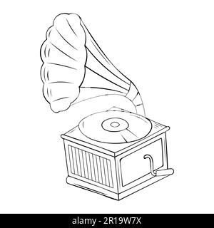 Oldtimer-Grammophon mit Vinylaufnahme auf Disc. Gramophone Schallplatten zeichnen Retro-Spieler isoliert auf weißem Hintergrund auf. Stock Vektor