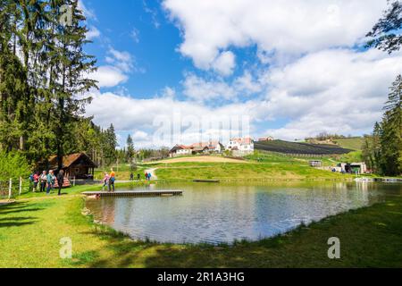 Puch bei Weiz: Blühende Apfelplantagen, Teich, Bauernhof, Apfelland (Apfelland) in Steirisches Thermenland - Oststeiermark, Steiermark, Styri Stockfoto