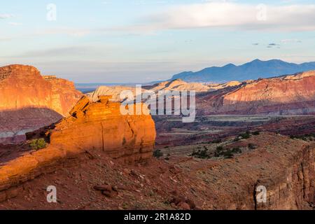 Sonnenlicht auf den Felsformationen des Capitol Reef National Park, vom Sunset Point am Rand des Sulpur Creek Canyon aus gesehen. Stockfoto