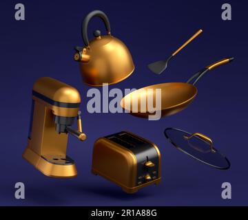 Espressomaschine, Handmixer, Wasserkocher und Toaster für die Zubereitung des Frühstücks auf blauem Hintergrund. 3D Render der Kaffeekocher für Latte-Kaffee Stockfoto