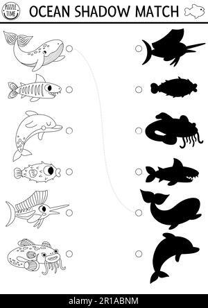 Unter dem Meer finden sich schwarze und weiße Schatten, die die Aktivität mit den Fischen verbinden. Puzzle mit süßem Wal, Delfin, Hai. Finden Sie die richtige Silhouette, die bedruckbar ist Stock Vektor