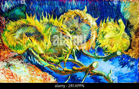 Vincent van Goghs berühmtes Gemälde mit vier verwelkten Sonnenblumen. Original aus Wikimedia Commons. Stockfoto