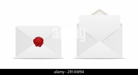 Vector Realistic White geschlossener Umschlag mit roter Wachsversiegelung und geöffnetem Umschlag mit Letter im Inneren. Symbolgruppe gefalteter und abgewickelter weißer Briefumschlag isoliert Stock Vektor