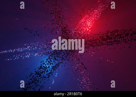 Explosion von Geometriewürfeln unter roten und blauen Neonlichtern. Illustration als Designelement für Hintergründe im Webdesign und Hintergrund für Diashows Stockfoto