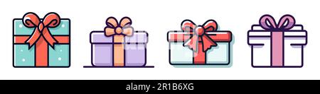 Vektorset mit verschiedenen Geschenkboxen. Flaches Design. Weißer Hintergrund. Stock Vektor