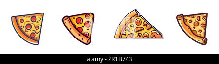 Pizzeria-Logos. Sammlung verschiedener Logos mit Pizzastücken und Aufschriften. Stock Vektor