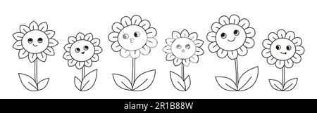 Blumen Kamille Doodle Comic-Zeichentrickset. Comics Kinder lineare Blumenfiguren mit lustigen Karikatur-Emoticon-Gesichtern. Handgezeichnete Sommersmiley-Wildblumen-Retro-Design-Vektorzeichnung für Kinder Stock Vektor