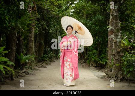 Wunderschöne junge, gemischte japanische/amerikanische Frau mit Kimono und Wagasa (Schirm), die auf dem Fußweg von Bise Village, Motobu Town, Okinawa, Japan steht. Stockfoto