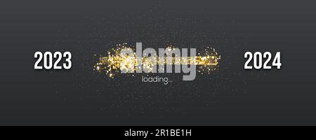 Frohes Neues Jahr 2024. Goldene schimmernde Ladeleiste auf schwarzem Hintergrund. Demnächst neu 2024. Stock Vektor