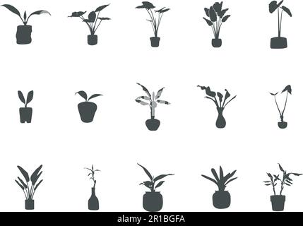 Topfpflanzen-Silhouette, Topfbaum-Silhouette, Innenpflanzen-Silhouette, Topfplan-Vektordarstellung. Stock Vektor