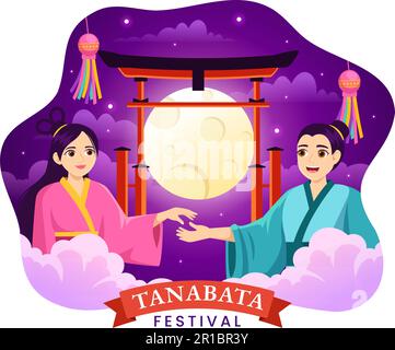 Tanabata Festival Vector Illustration mit Leuten, die Kimono und Peonies Flowers in den handgezeichneten National Holiday Flat Cartoon-Vorlagen tragen Stock Vektor