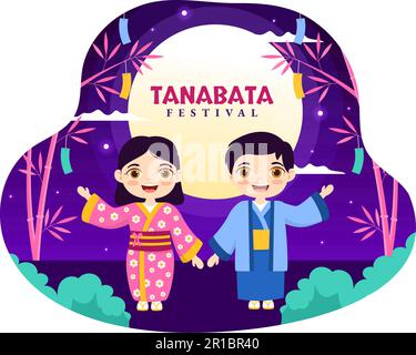 Tanabata Festival Vector Illustration mit Leuten, die Kimono und Peonies Flowers in den handgezeichneten National Holiday Flat Cartoon-Vorlagen tragen Stock Vektor