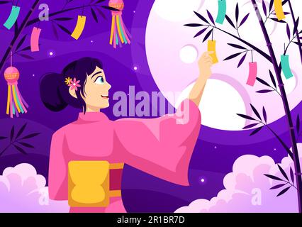 Tanabata Festival Vector Illustration mit Leuten, die Kimono und Peonies Flowers in den handgezeichneten National Holiday Flat Cartoon-Vorlagen tragen Stock Vektor