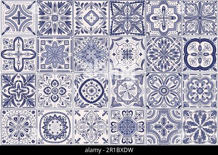 Keramikfliesenboden, portugiesisches Muster. Blaue geometrische Blumen und Blätter, geometrische Elemente, spanien Asulejo Mosaik, Indigoblütenschmuck. Dez Stock Vektor