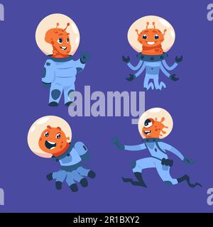 Alien-Kosmonauten. Lustige ufo-Crew, kindische Aufkleber, Figuren für das Kinderzimmer-Design und Drucke. Kosmische Monster in Raumanzügen mit rundem Helm Stock Vektor