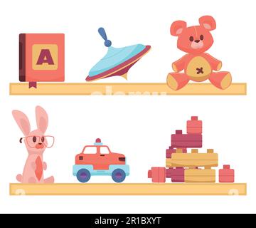 Süßes Spielzeug. Cartoon-Spielsachen für Kinder. Bunte Ballons und Plüschtiere. Wirbel oder Maschinen auf Regalen. Primerbuch zum Alphabetlernen. Stock Vektor